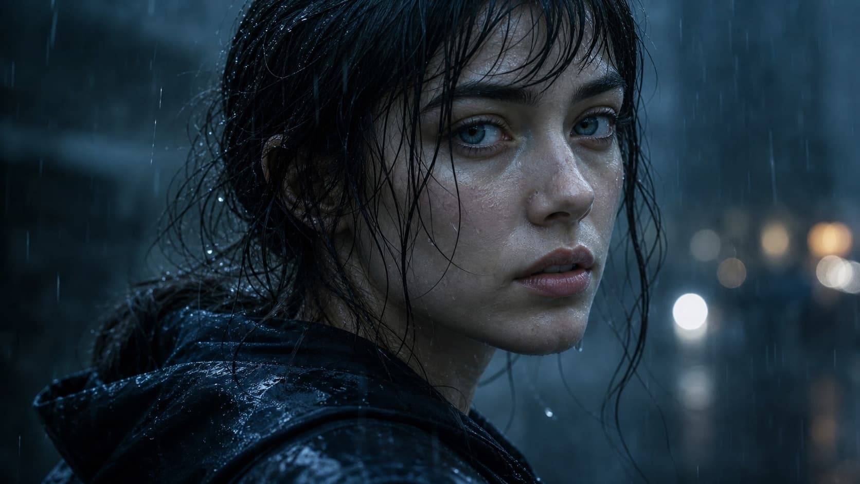 Close-up cinematic portrait of a young woman standing in rain with blue gray lighting