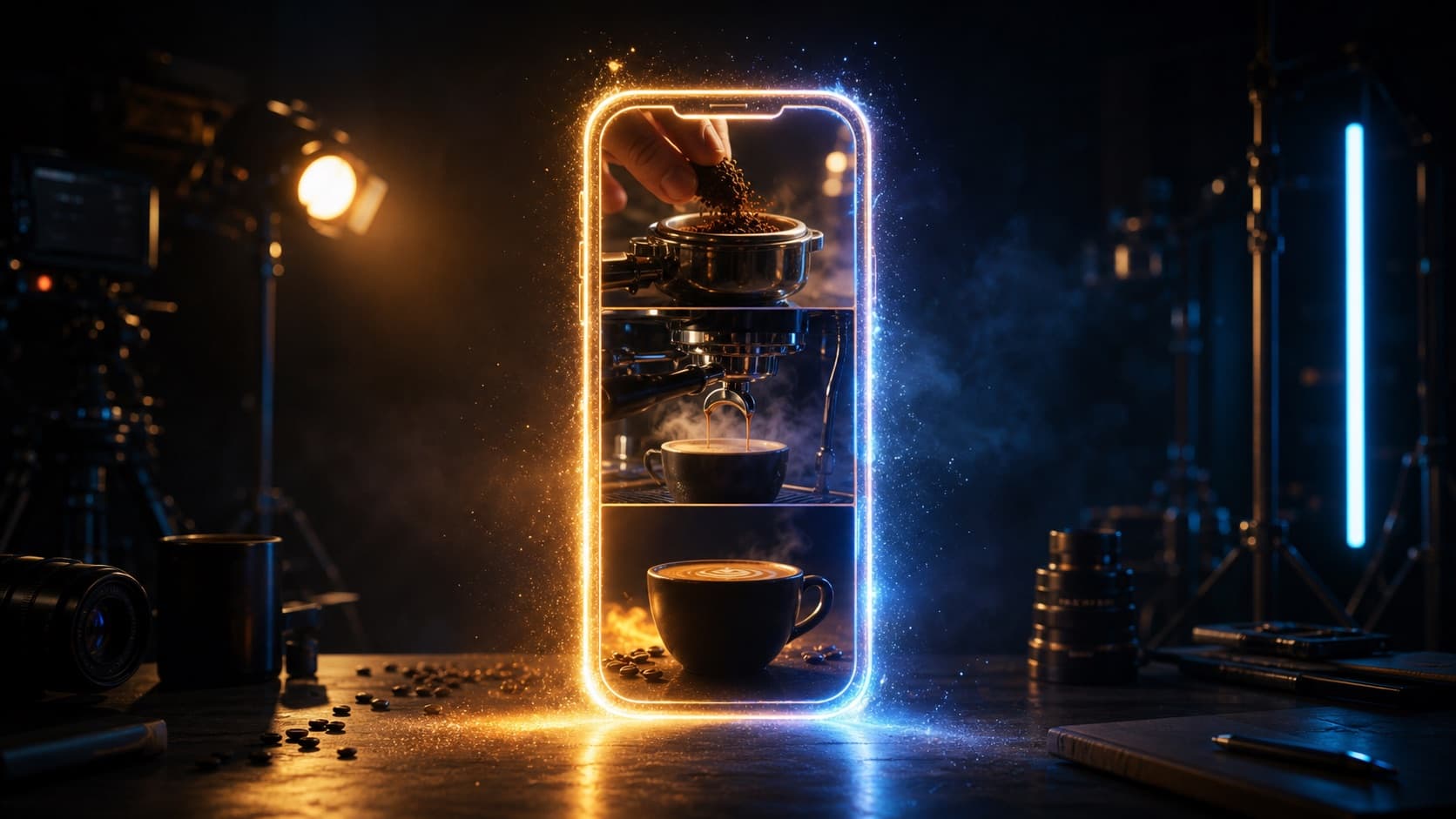 Three stacked vertical shots of an espresso ritual with grounds falling and coffee pouring