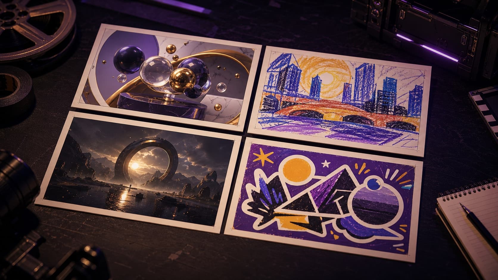 Four storyboard tiles showing the same scene in polished 3D, crayon, cinematic, and sticker styles