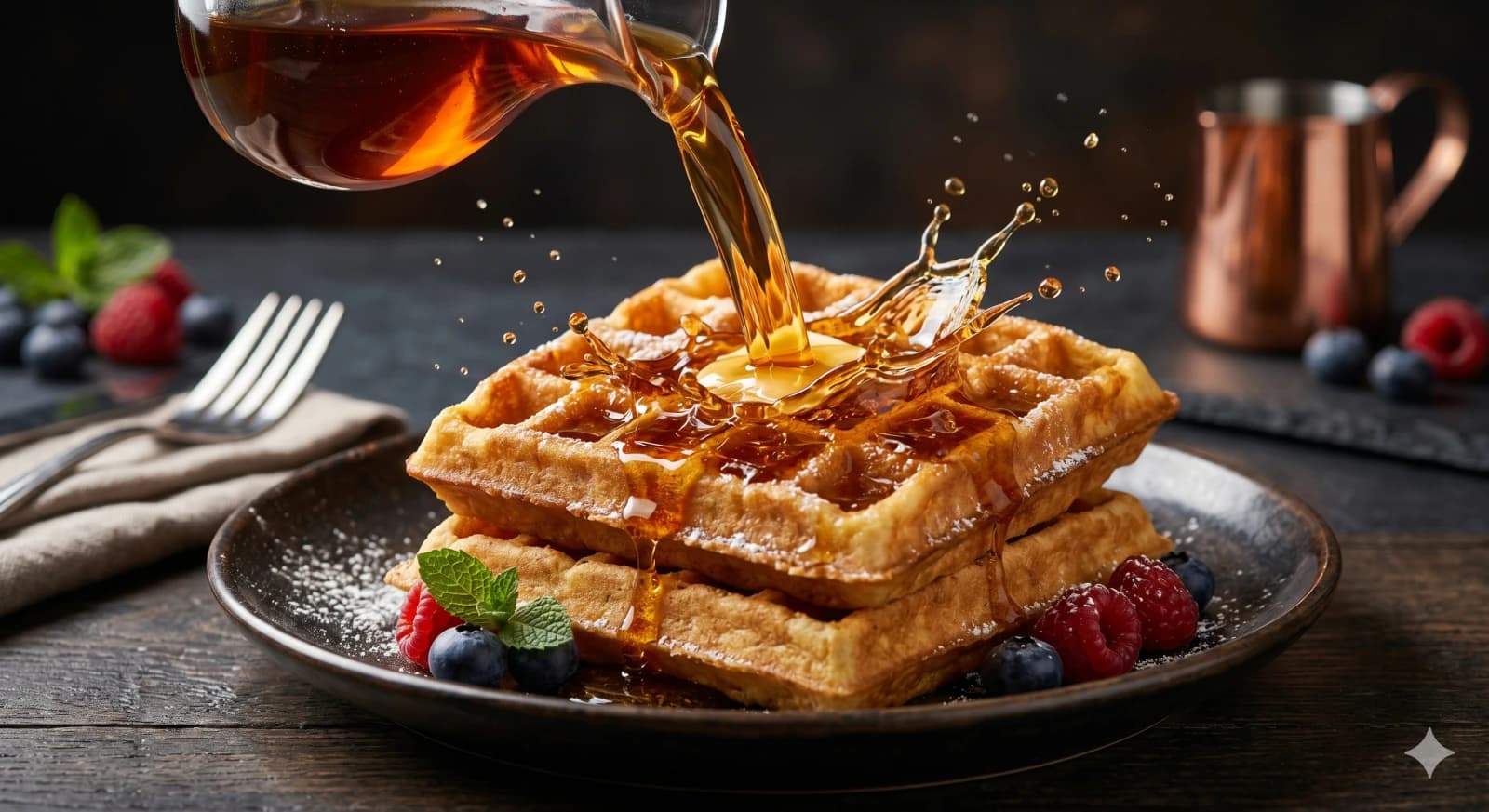 Maple syrup being poured onto crispy waffles