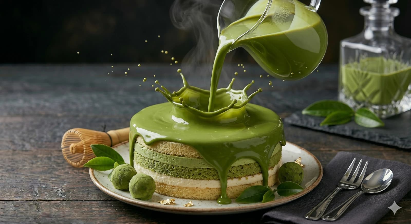 Matcha cream being poured onto a layered sponge cake