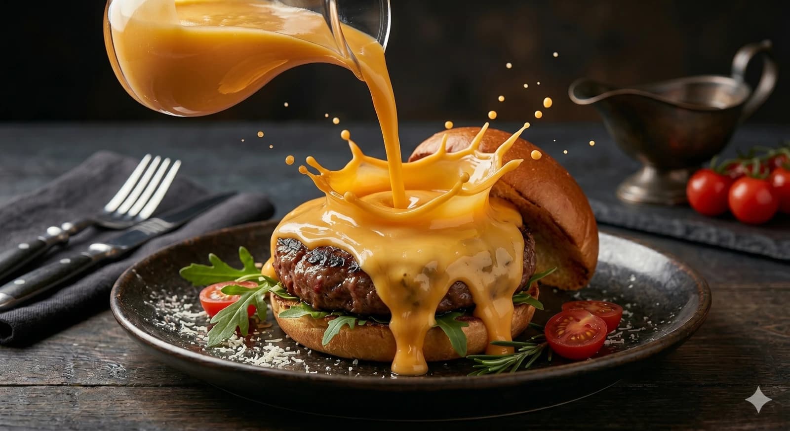 Melted cheese being poured onto a gourmet burger