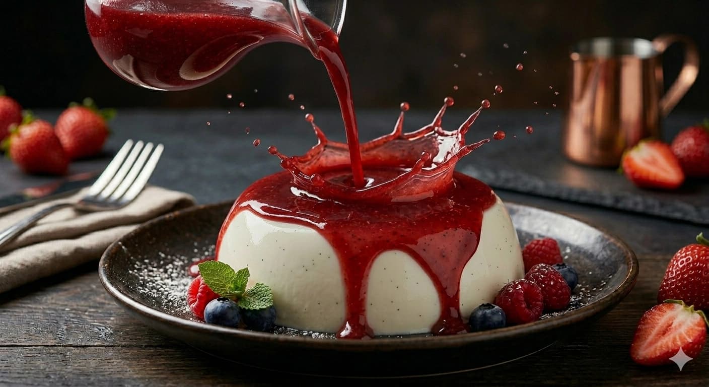 Strawberry sauce being poured onto panna cotta