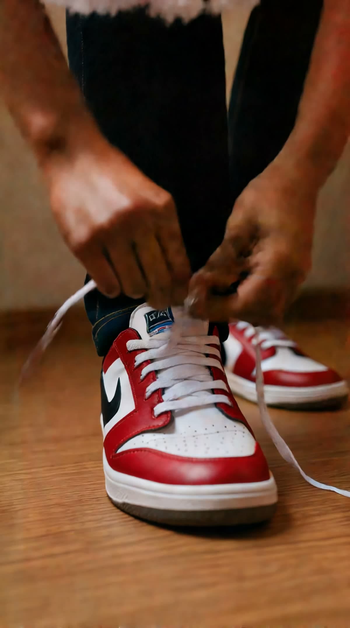 Norway-inspired AI football matchday vlog frame showing red and white sneakers